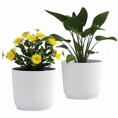 Outsunny Set of 2 White Plastic Round Plant Pots and Garden Planters, Diameter: 22 cm – 1