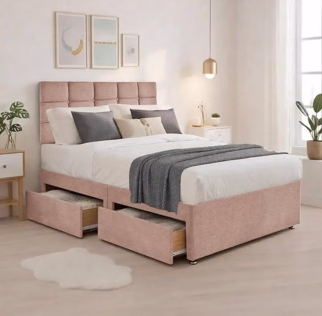 Bed Time UK Plush Upholstered Divan Bed with Mattress, 20 inch Cubic Headboard and 2 Drawers, Pink, W/D/H: 180 x 200 cm