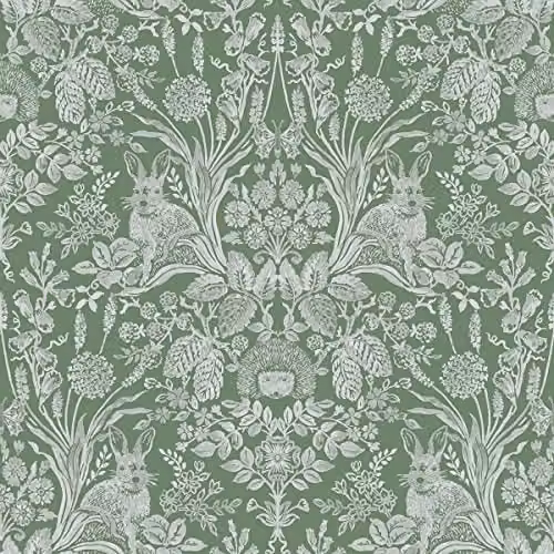 Holden Decor Harlen Pink Damask Wallpaper with Trees, Flowers, Hedgehogs, Leaves and Rabbits