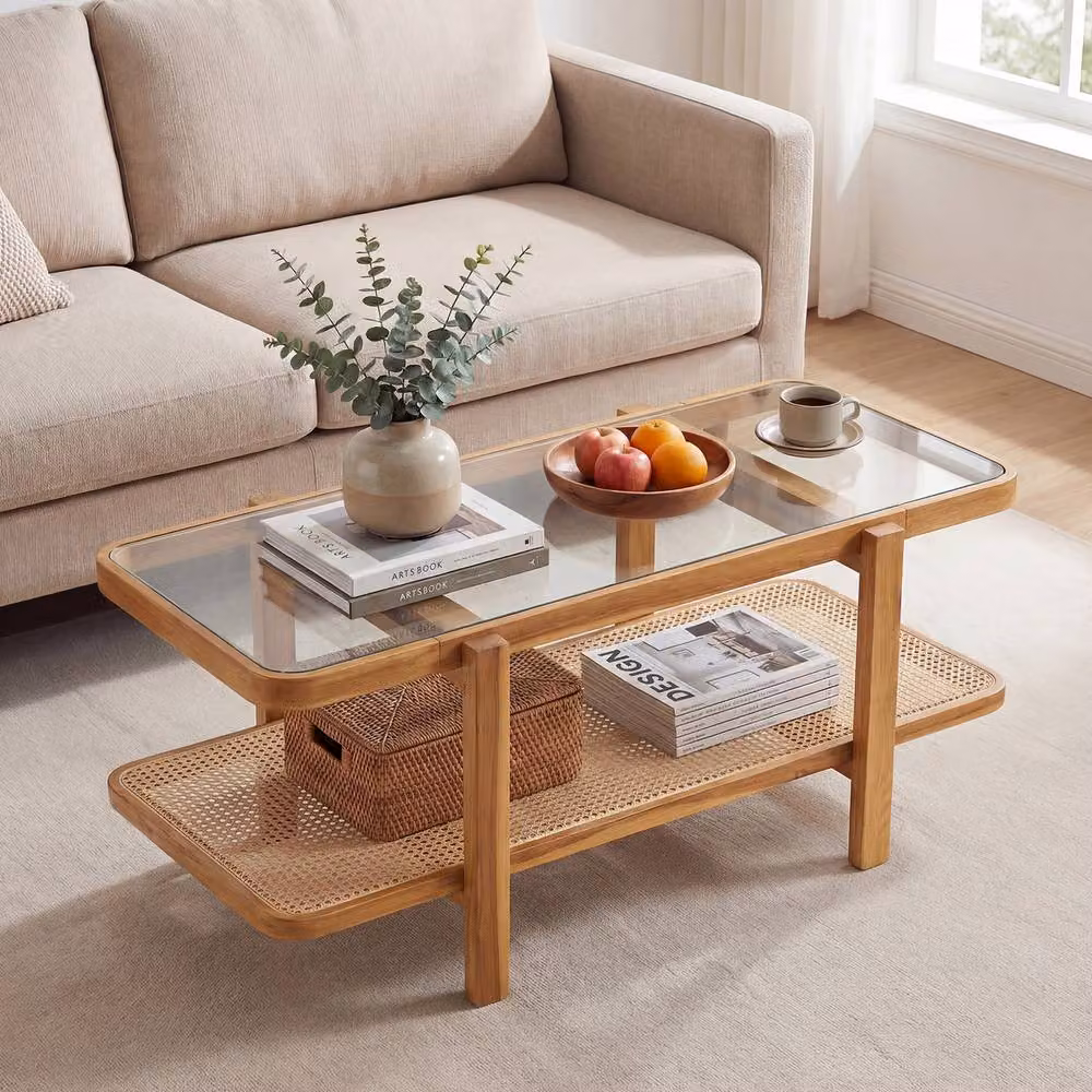 Gymax 2-Tier Rectangular Coffee Table with Storage in Brown Rustic Acacia Wood and Glass – 3