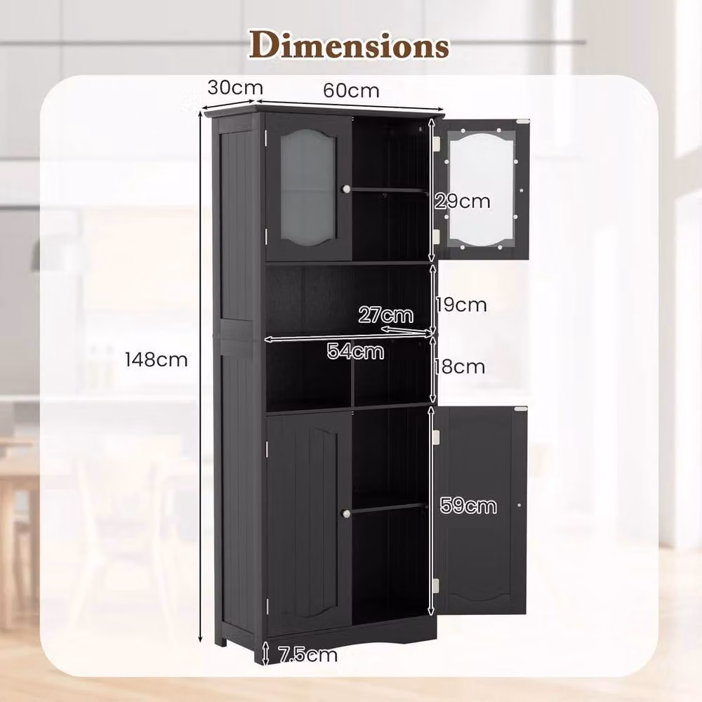 Kelvenix Freestanding Black Matt Bathroom Cabinet with Glass Doors, Height: 148 cm, Width: 30 cm – 2