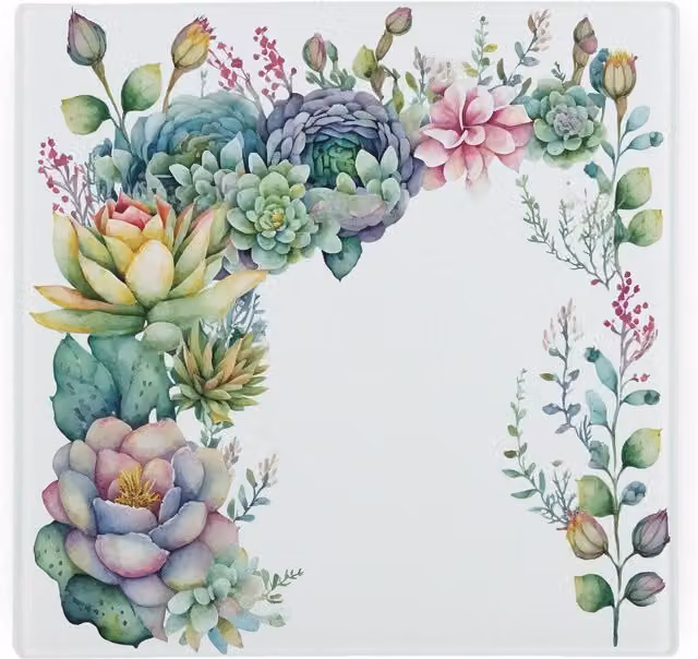Purely Home Watercolour Succulents Large Square Glass Worktop Protector and Chopping Board in Multicolour