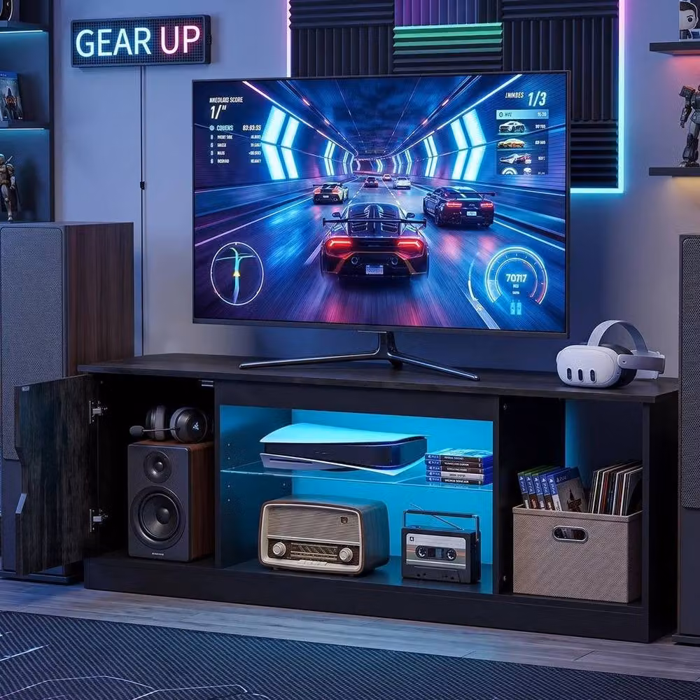 KORVIXA Black Modern Entertainment Centre TV Stand with Integrated Lighting and Media Compartments, W/D/H: 100 x 100 x 100 cm – 4