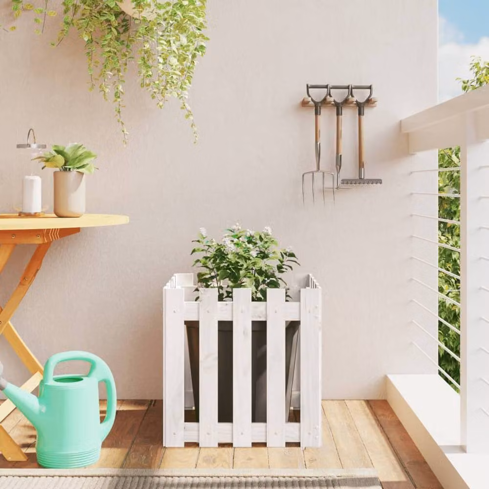 Berkfield Home Beautiful Garden Planter with Fence Design in White, W/D/H: 50 x 50 x 50 cm – 2