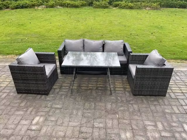 Fimous Dark Grey PE Rattan Outdoor Garden Dining Set with Lounge Sofa, Oblong Dining Table and 2 Armchairs