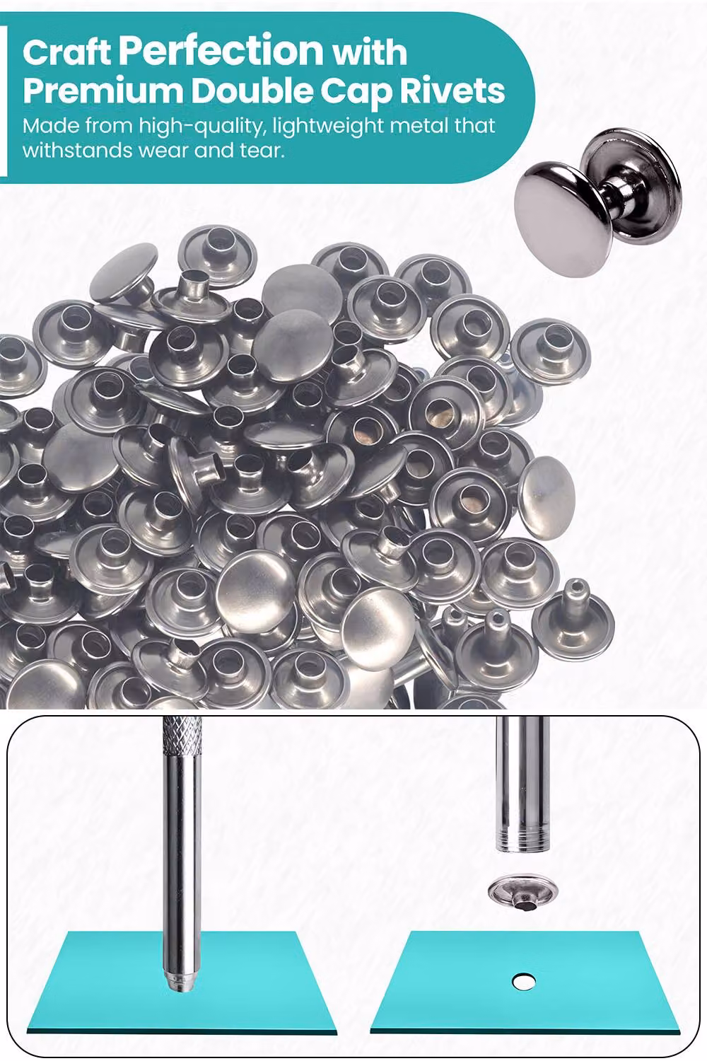 Neel Blue 10mm Double Cap Rivet Tubular Metal Studs, Dark Grey Leather Rivets, 100pcs – 4