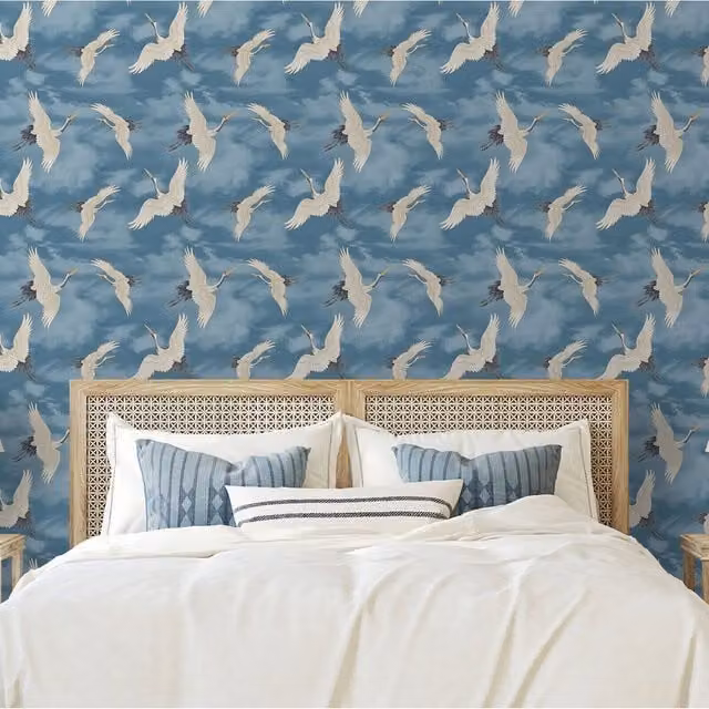 Muriva Oriental Japanese Birds and Cranes Floral Wallpaper in Blue, White, Silver and Grey