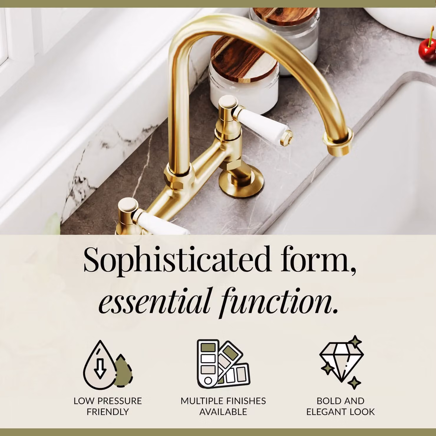 Balterley Traditional Bridge Kitchen Mixer Tap with Dual Levers and Swivel Spout in Brushed Brass, H 51.0 x W 23.5 x D 20.0 cm – 3