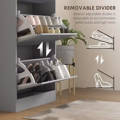 HOMCOM Modern Grey Wall Mounted Shoe Cabinet with Tilting Compartments, W/D/H: 60 x 23.5 x 115 cm – 4