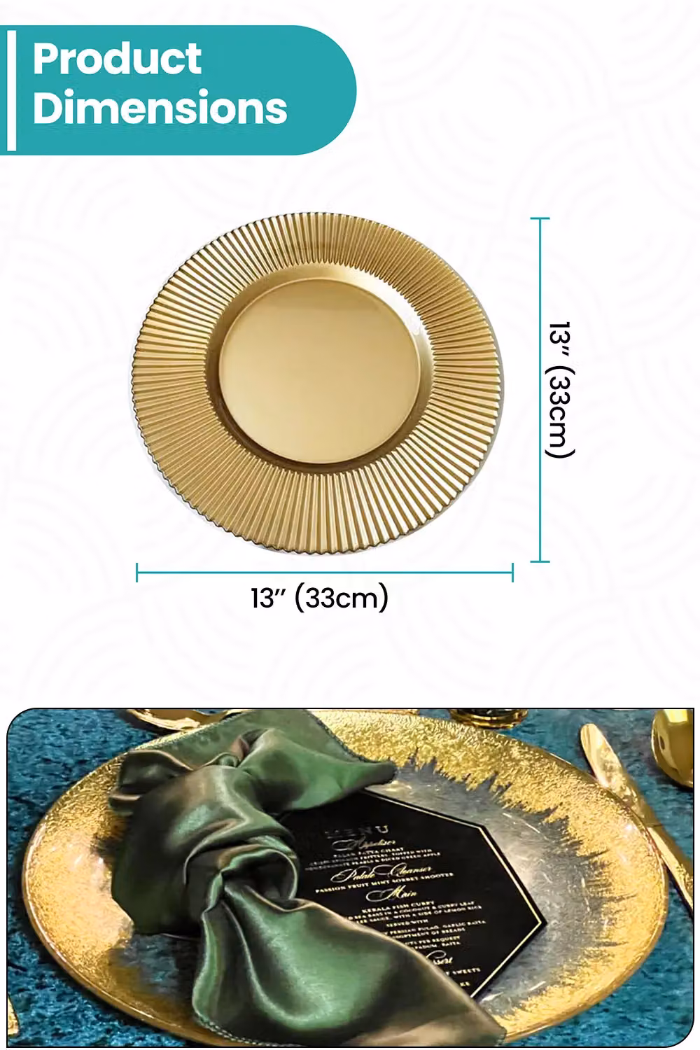 Neel Blue Set of 6 Metallic Gold Ribbed Edge Charger Plates, Diameter: 33 cm – 2