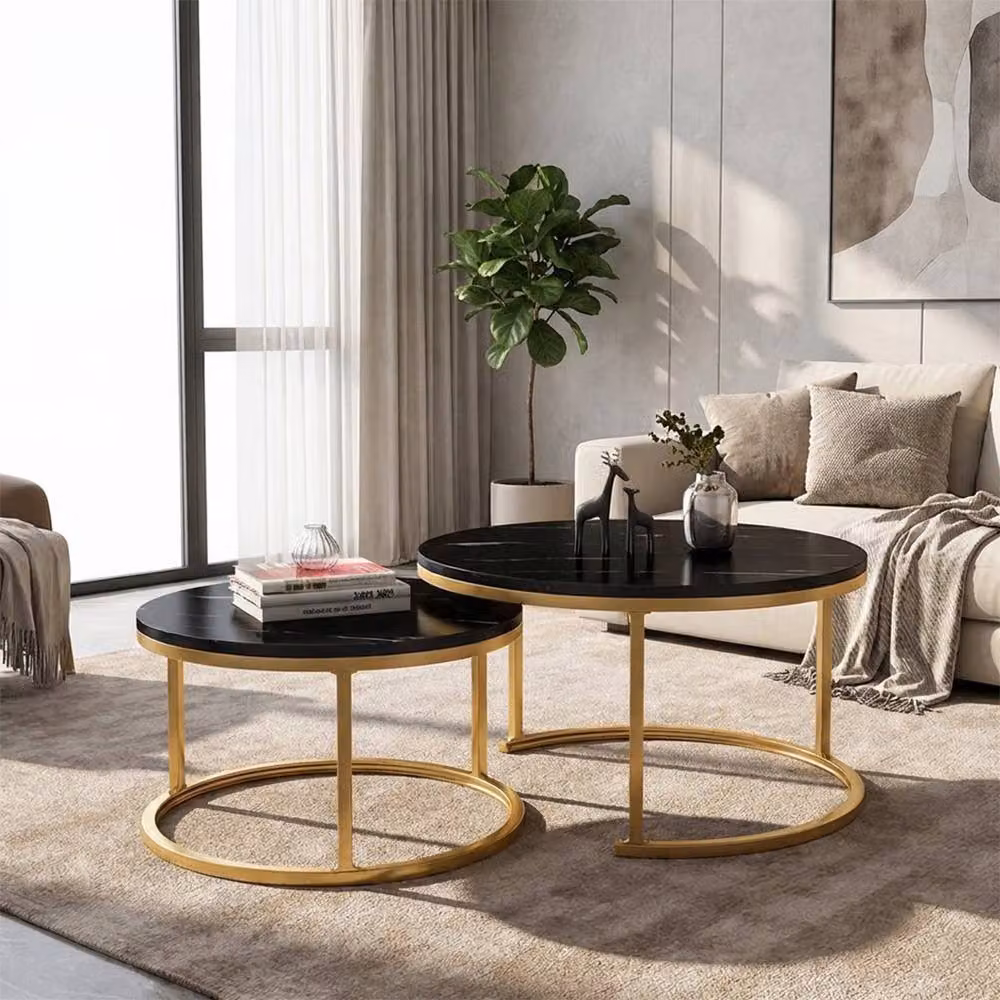 Ventryn Black Round Nesting Coffee Table Set of 2 with Glossy Metal Sled Base – 4