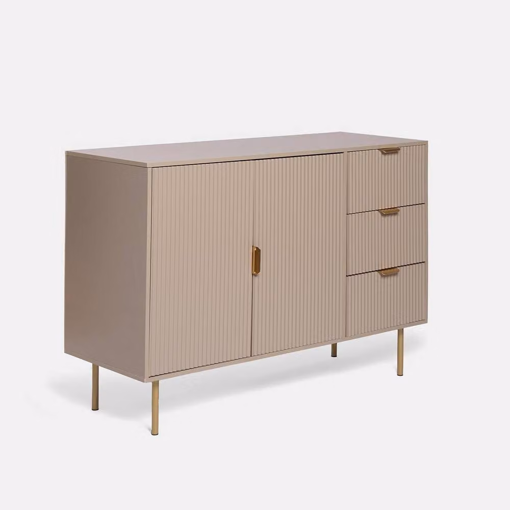 OHS Modern Ribbed Sideboard Cabinet with Drawers and Shelves in Sand Beige – 2