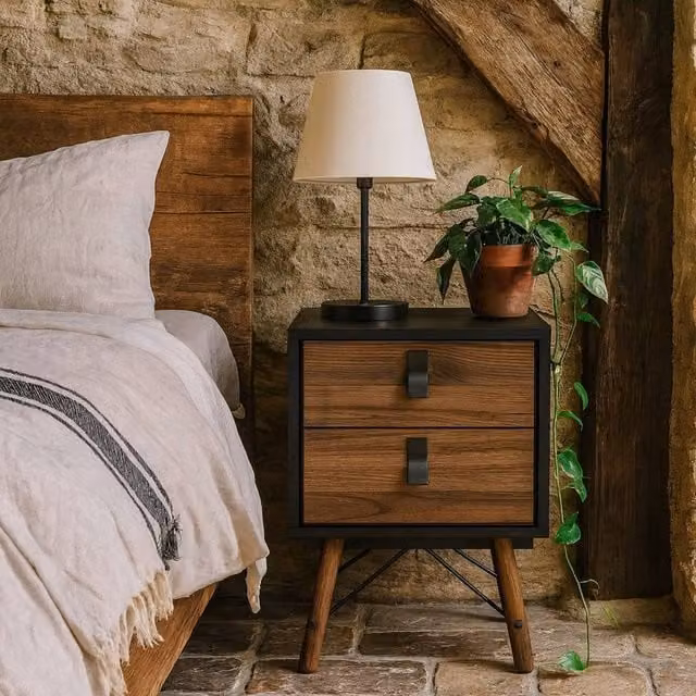 Wyld Haus Juno 2 Drawer Bedside Cabinet in Black and Walnut