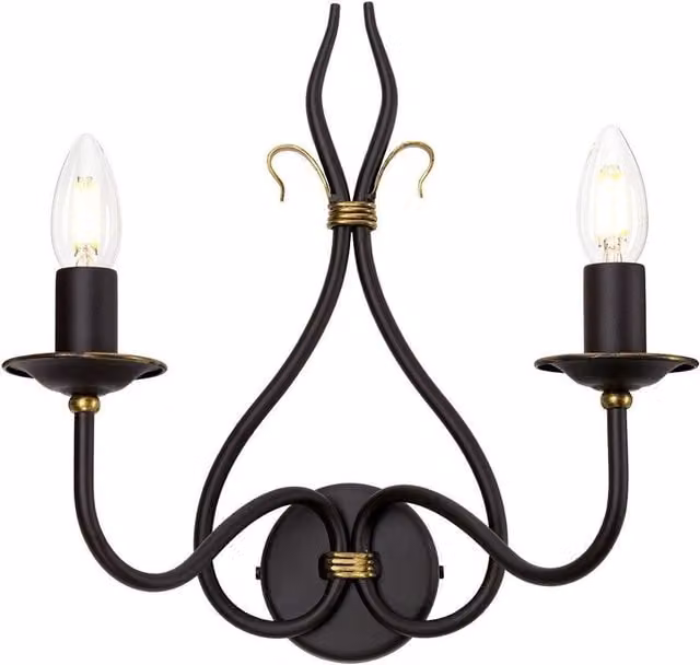 Netlighting Windermere 2 Light Indoor Candle Wall Light in Gold and Brown with E14 Bulb Holder