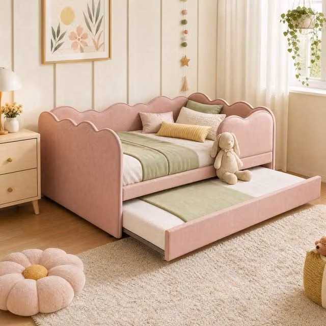STILVORA Single Bed Frame with Trundle, Pink Velvet Upholstered, W/D/H: 90 x 190 x 70 cm