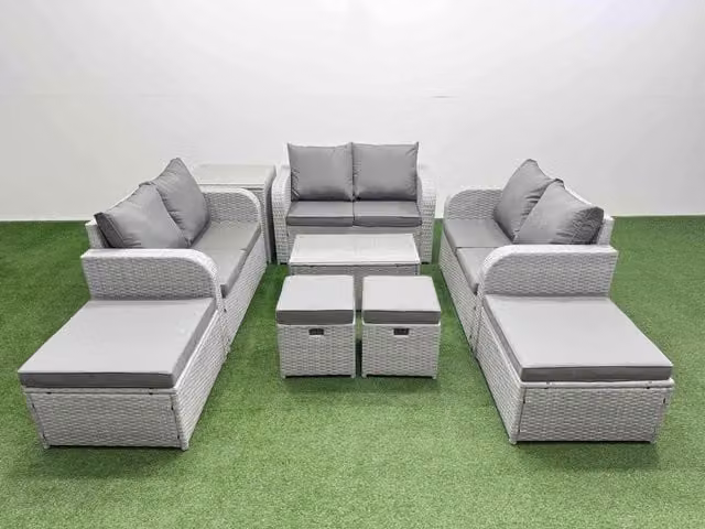 Fimous 9 Piece Garden Furniture Set with Rectangular Coffee Table, Reclining Chairs and Inclining Sofa in Light Grey