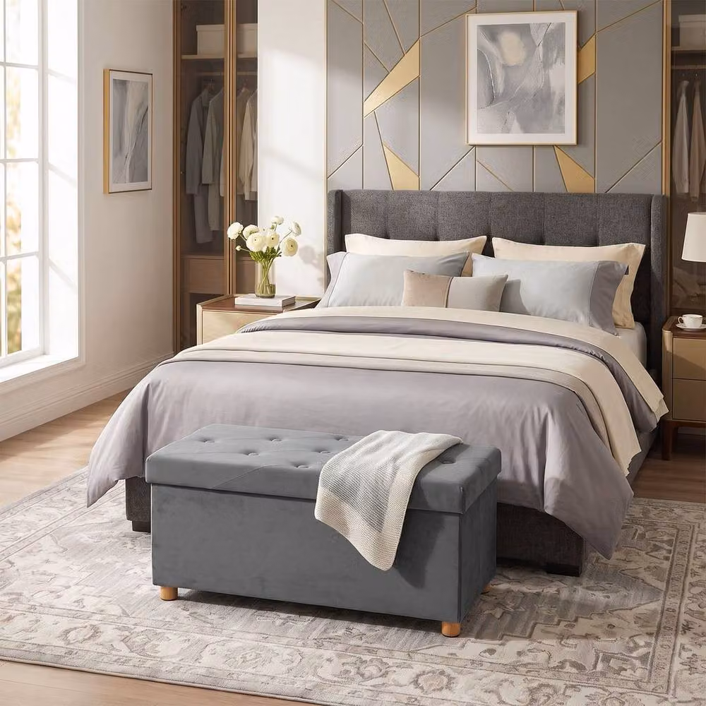 KORVIXA Grey Upholstered Storage Ottoman Bench with Wood Legs W/D/H: 100 x 100 x 100 cm – 4