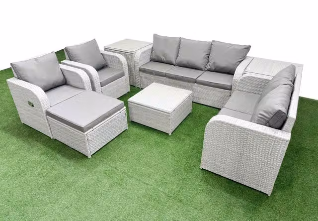Fimous Grey PE Rattan Garden Furniture Set with 2 Seater Sofa, Coffee Table, Ottoman and Side Tables