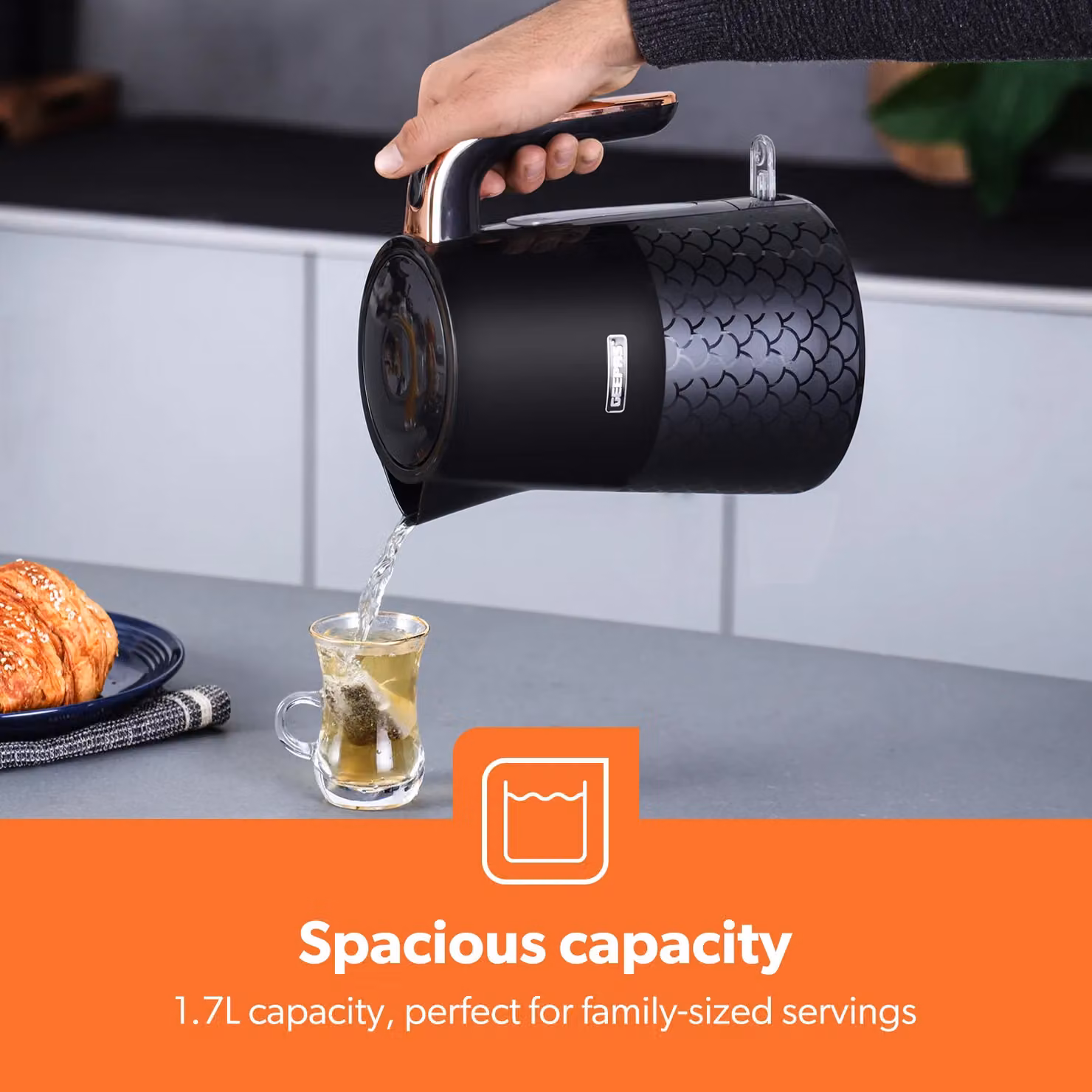 Geepas Aurora Collection 3000W Cordless Electric Kettle with Boil Dry Protection and Water Gauge, 1.7 l, Black – 3