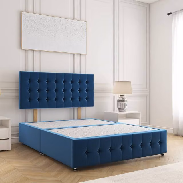 BSSPOKE Eva King Size Divan Bed Set with 24 inch Headboard in Blue Plush Velvet