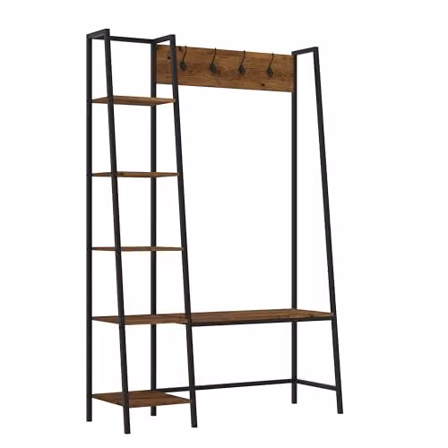LPD Home Ealing Industrial Hallway Unit with Bench and Hooks in Black and Brown Wood Effect, W/D/H: 171 x 40 x 111 cm – 1