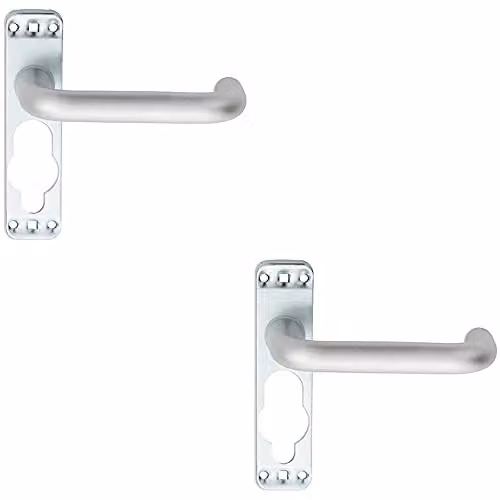 Pair of Satin Brushed Silver Aluminium Safety Lever Door Handles on Inner Backplate, 152mm