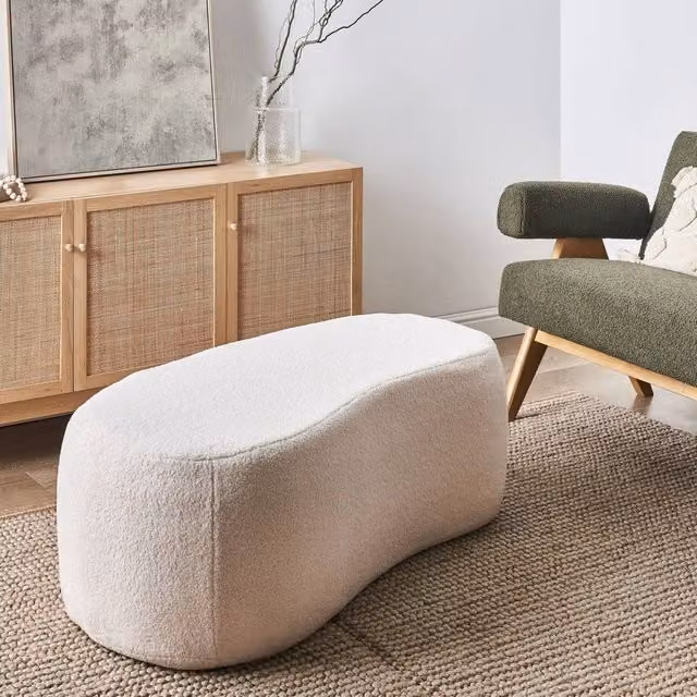 Wyld and Coco Off-White Boucle Pouffe, W: 115 cm, D: 56 cm, H: 43 cm