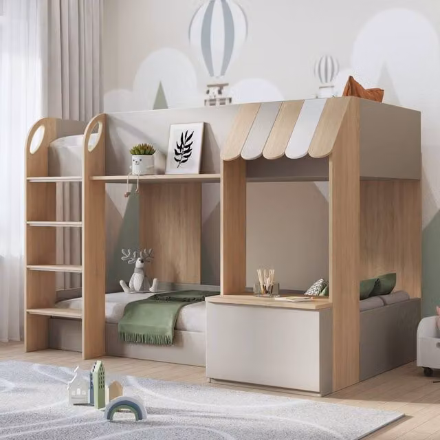 Babyfair Modern Two-Level Childrens Bunk Bed with Side Compartments and Bedside Shelf in Beige and White, W/D/H: 200 x 90 cm