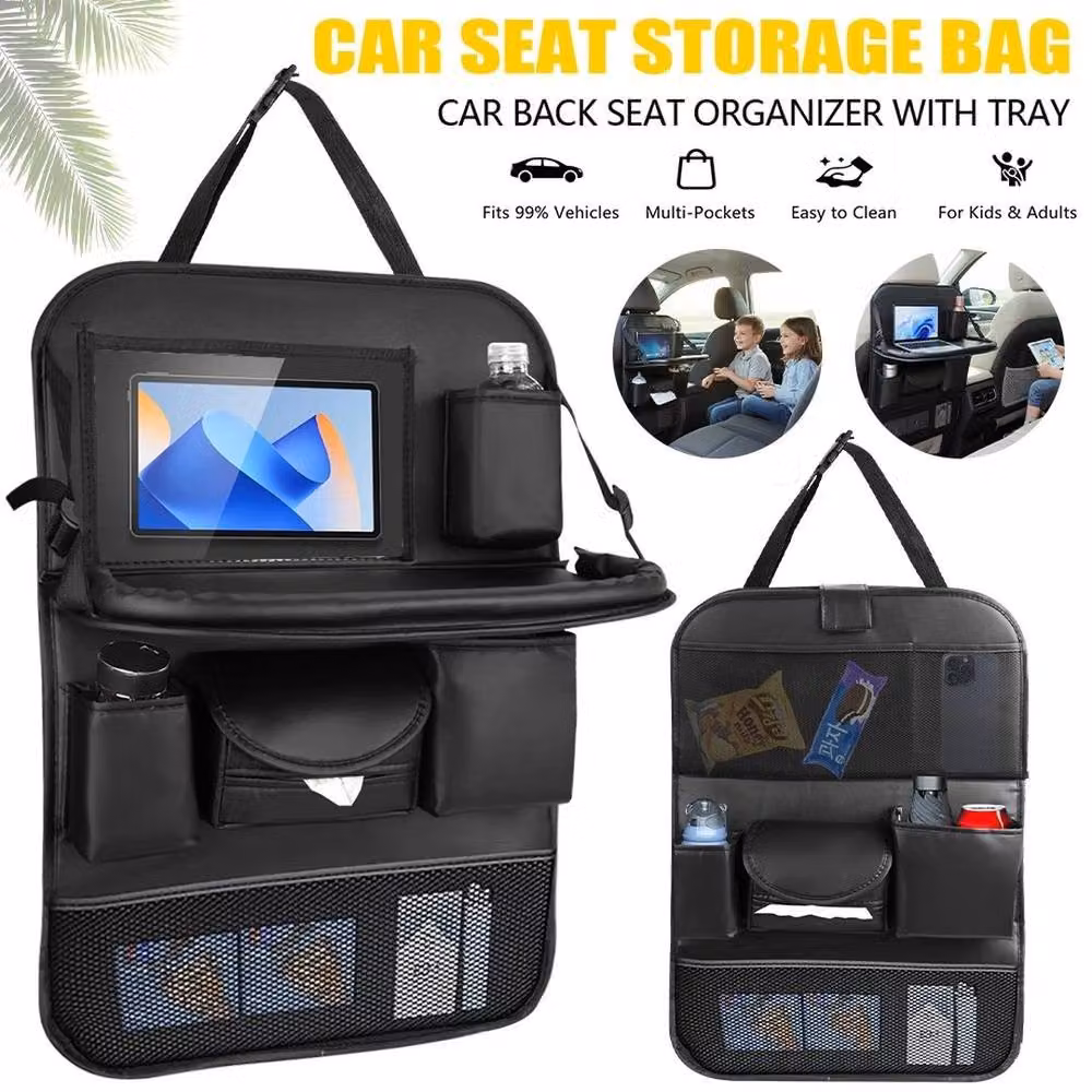 FLAVORA Black PU Leather Car Seat Organiser with Foldable Tray and Multi-Pocket Design – 4