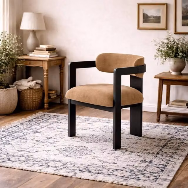 Wyld Haus Thurles Tan Velvet Dining Chair with Black Wood Legs H: 74 cm, W: 54 cm, D: 53 cm – 1