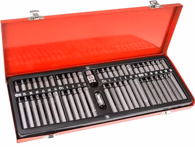 tectake 54-Piece Socket Set with 52 Short and Long Bits and 2 Bit Adaptors, Red