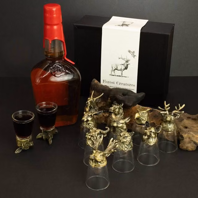 Serenityy Gift Set of 12 Forest and Mystical Creatures Shot Glasses, 25ml, Bronze and Transparent