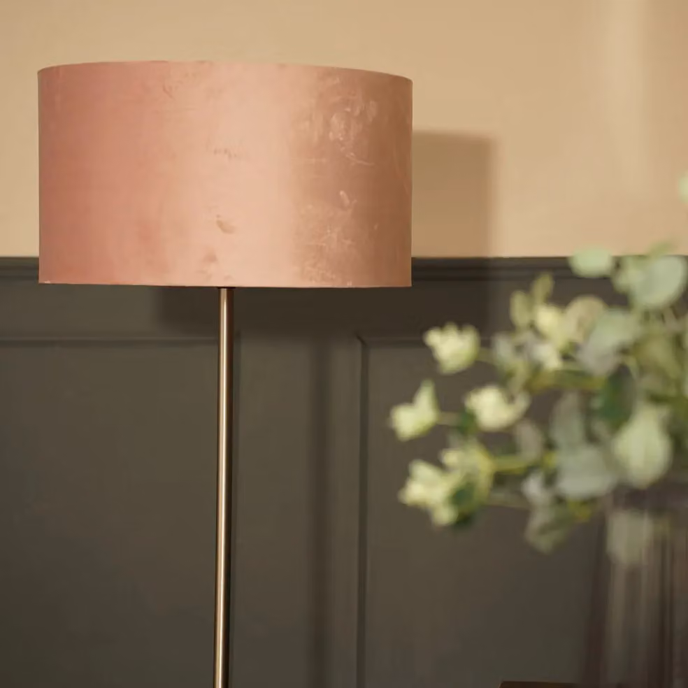 ValueLights Brushed Chrome Floor Lamp with Dusty Pink Velvet Shade – 3