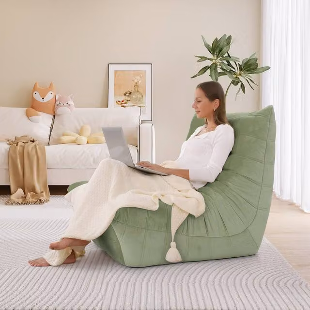 Dprodo Ergonomic Lazy Floor Sofa Couch in Green Microfibre Fabric with Shredded Memory Foam