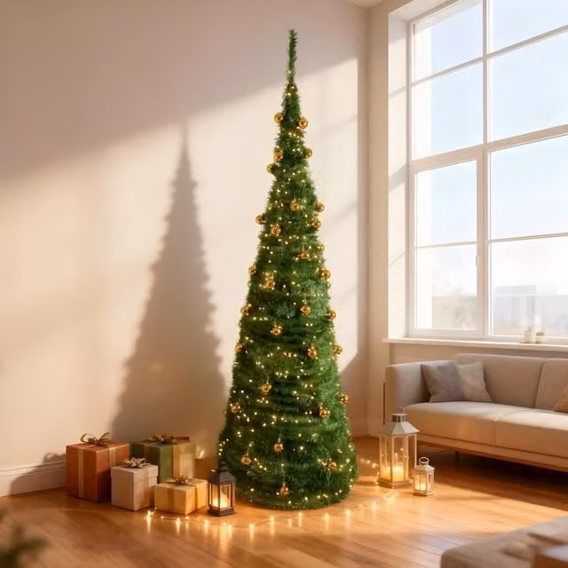 Shatchi 6ft Prelit Pop Up Christmas Tree with Warm White LED Lights and Gold Baubles in Green, H 180 cm x W 70 cm x D 35 cm – 1