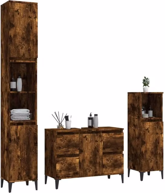 Berkfield Home Modern 3 Piece Brown Smoked Oak Bathroom Furniture Set with Vanity Unit and Tall Cabinet