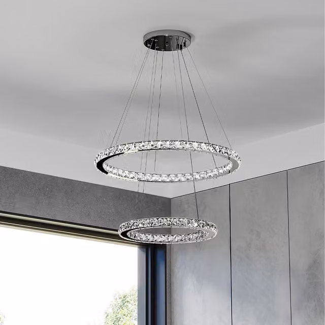 Livingandhome Modern 2-Tier Adjustable Crystal LED Ring Pendant Light in Silver