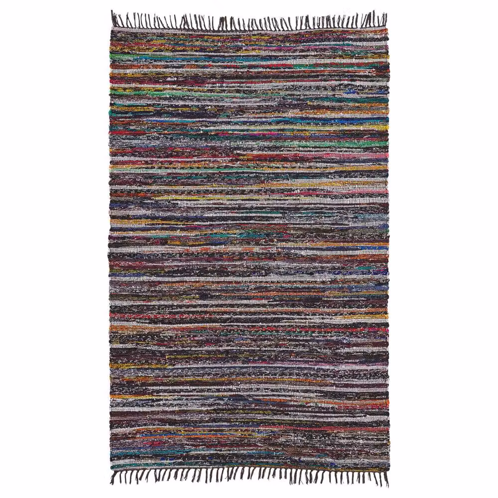 Wyld and Coco Handwoven Striped Cotton and Polyester Area Rug with Fringes, Multicolour, W: 140 cm, L: 200 cm – 3