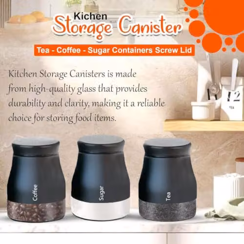 ATEK Set of 3 Glass Kitchen Storage Canisters with Screw Lids in Black and White – 5