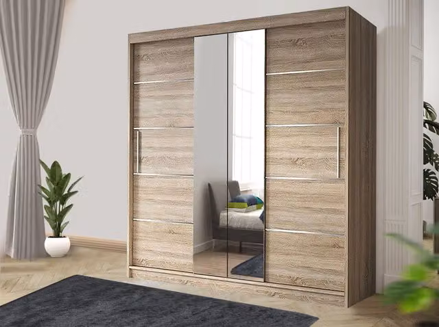 RAC3 Oslo Modern Sliding Bedroom Wardrobe in White and Light Oak with Mirror and Integrated Drawers, Width: 150 cm