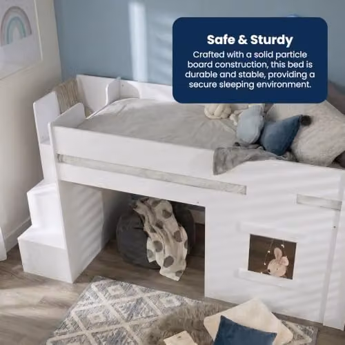 Flair Furnishings Midsleeper Cabin Bed for Children in White with Stairs and Side Compartments – 4