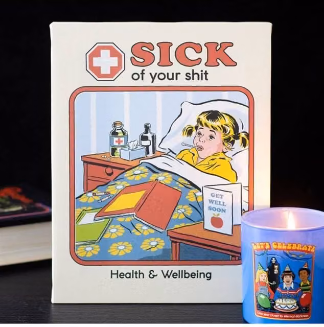 KDMD Sick Of Your Canvas Plaque by Steven Rhodes, Blue and Multicolour Retro Floral Wall Art, W: 19 cm, H: 25 cm – 1