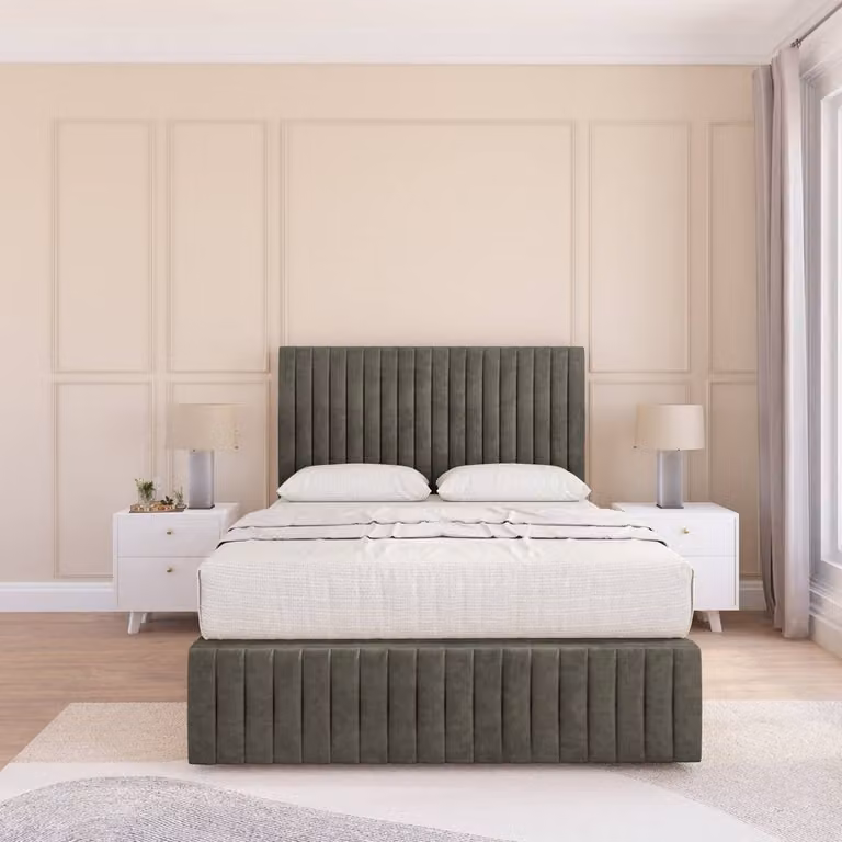 Sloomy Madison Divan Bed Base with 12 inch Footboard and 54 inch Floor Standing Headboard, Light Grey Velvet Upholstered, W/D/H: 180 x 200 cm