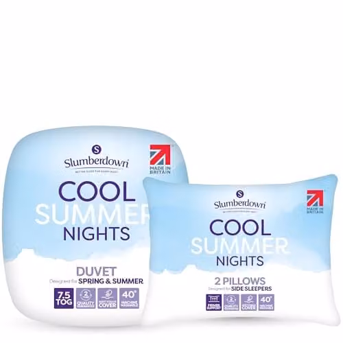 Slumberdown Cool Summer Nights 7.5 Tog Double Duvet and 2 Pillow Set in White, Breathable and Allergy Friendly Hollow Fibre Bedding – 2
