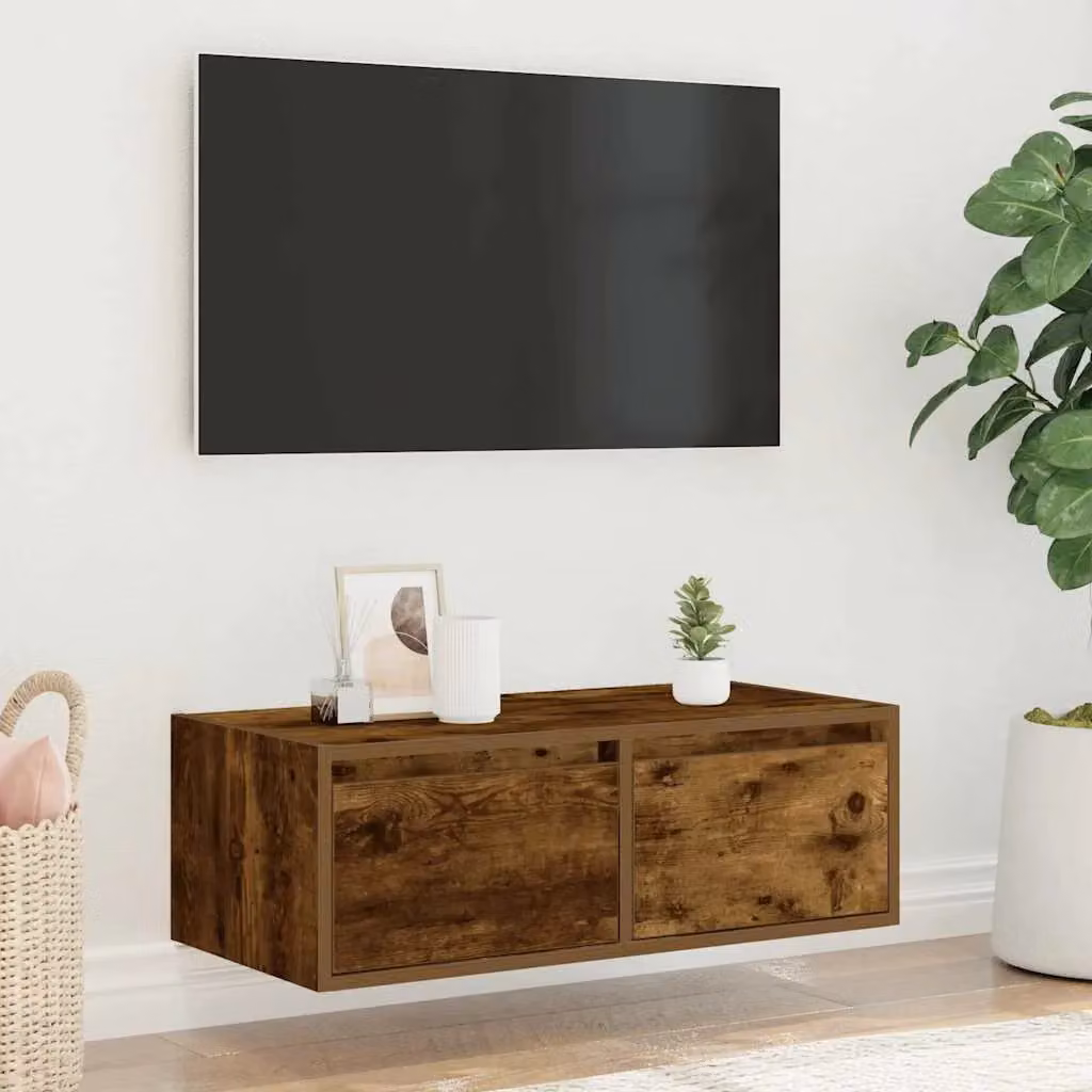 Berkfield Home TV Cabinet with LED Lights in Smoked Oak Brown, W: 75 cm, D: 35.5 cm, H: 25 cm – 4