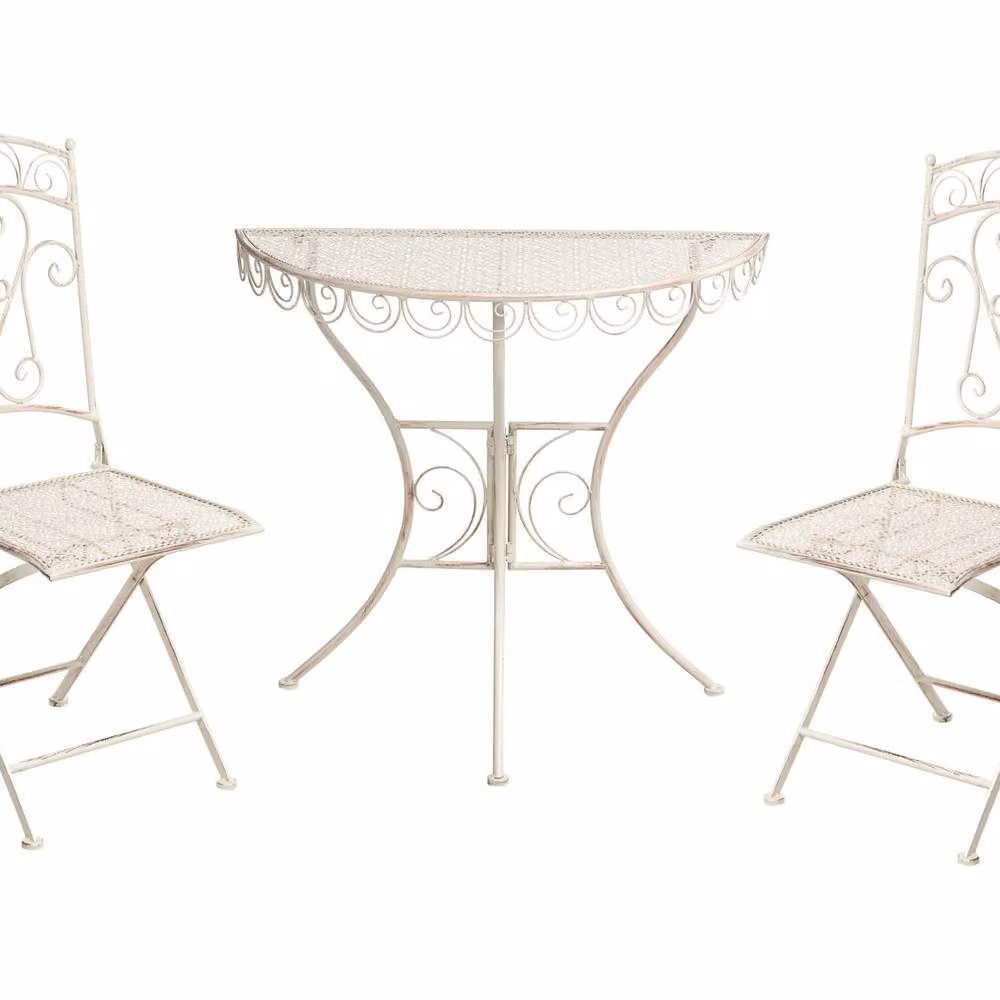 Wyld Haus Vintage Bistro Set with Round Ceramic Table and 2 Folding Chairs in Beige Powder Coated Steel – 2