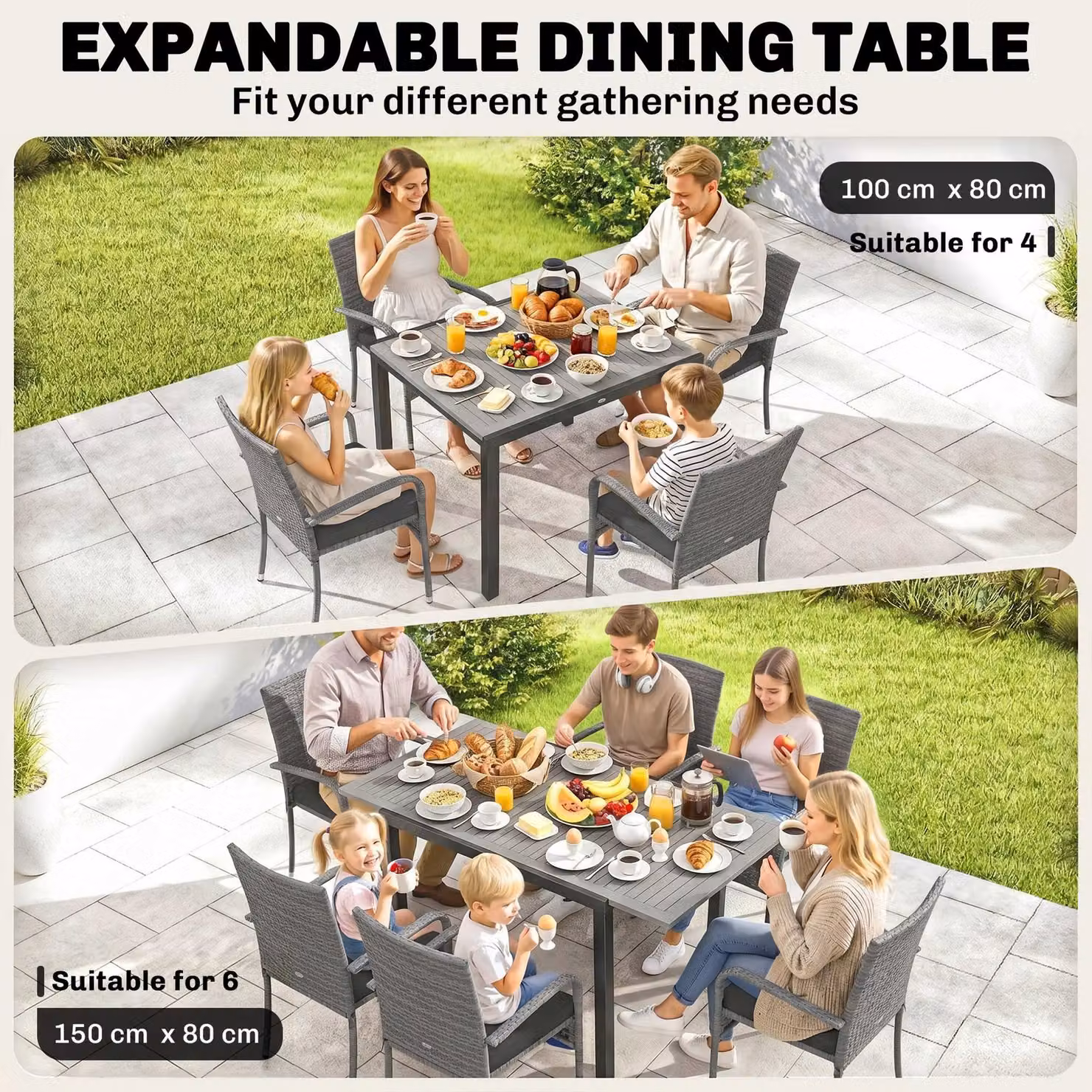 Outsunny 7 Piece Grey Rattan Garden Furniture Set with Extendable Acacia Wood Tabletop and 6 Stackable Chairs – 3