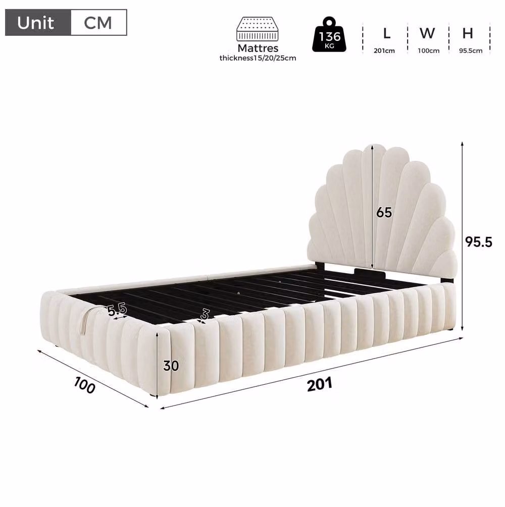 STILVORA Single Ottoman Bed Frame with Shell Headboard in Beige Velvet, W/D/H: 90 x 200 cm – 2