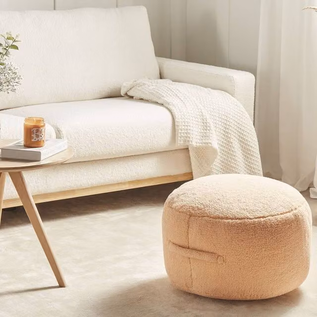 Wyld and Coco Orange Bouclé Cylindrical Pouffe, W/D/H: 50 x 50 x 30 cm – 1
