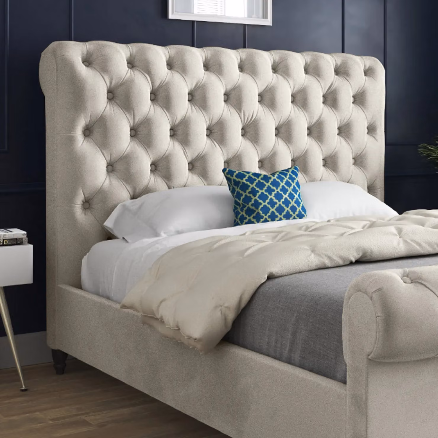 Casani Sienna Sleigh Upholstered Velvet Bed Frame in Beige, W/D/H: 90 x 200 x 119 cm – 2